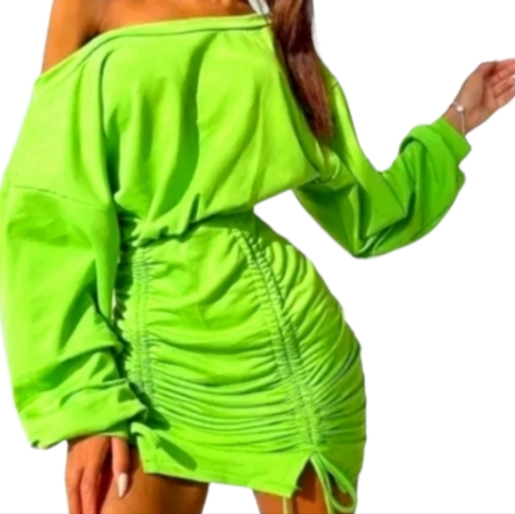 CLUBWEAR Dresses & Skirts - OPEN SHOULDER RUNCHED Y2K LIME GREEN CLUB MINI DRESS